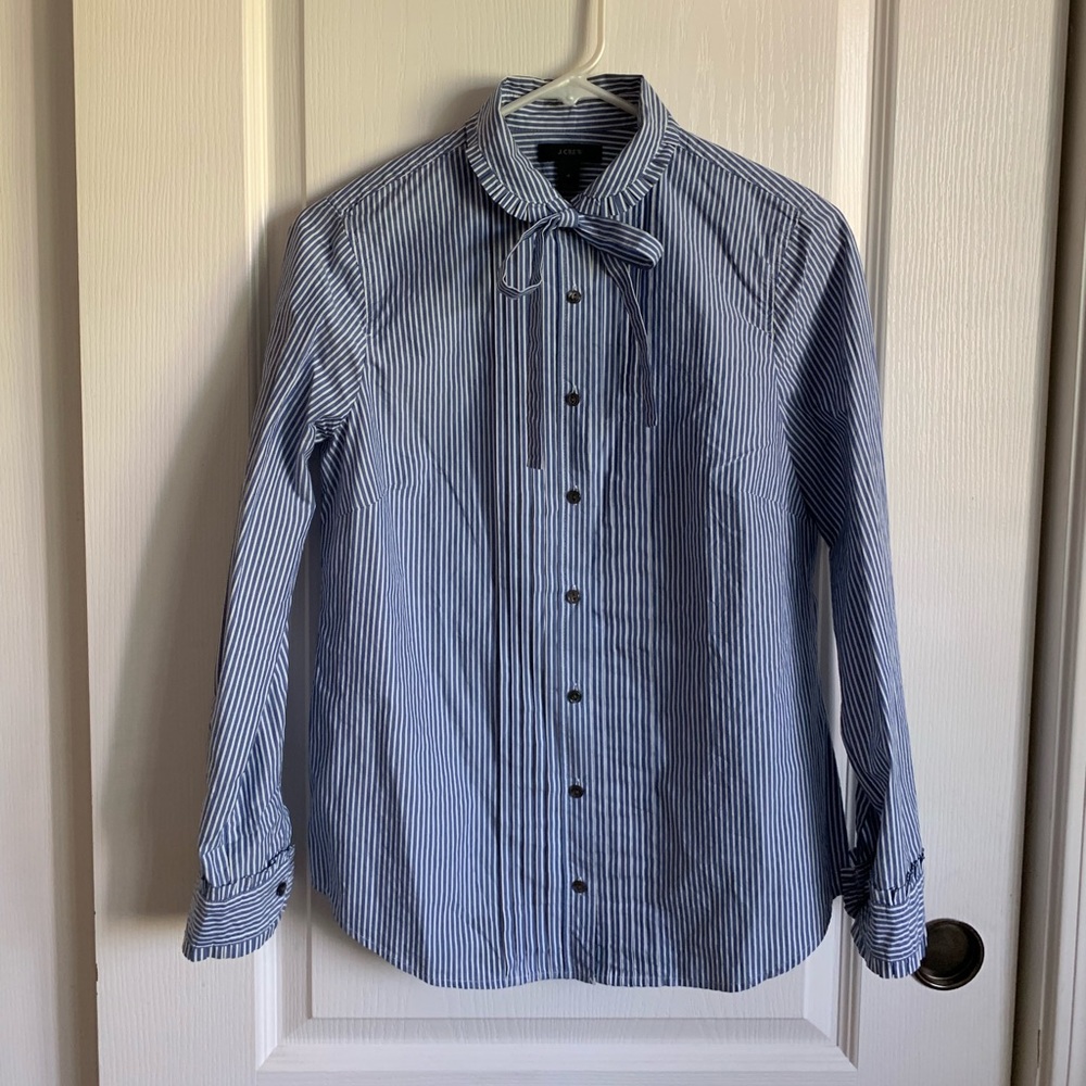 J.Crew Stripped tie-neck tuxedo shirt with ruffles